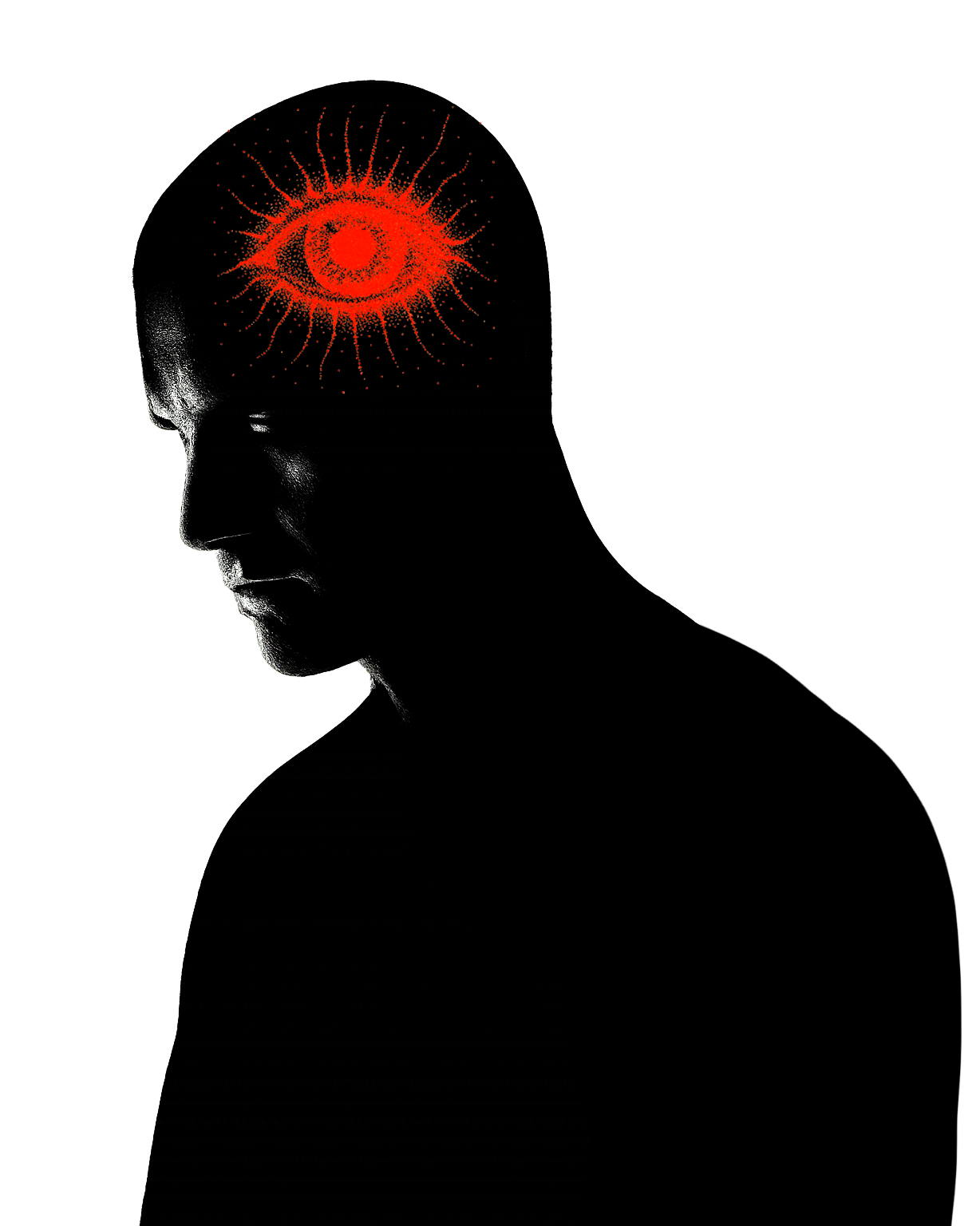 Transparent image of a head looking down with a giant red eye stairing forward.